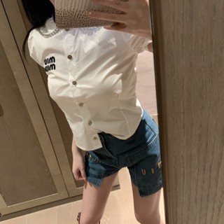 HW2F MIU MIU 23 spring and summer new palace style embroidered letter beaded lapel shirt high waist denim beaded shorts suit