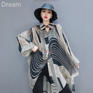 Fashion shirt top Korean style striped chiffon shirt loose large size womens fashion thin sunscreen clothing