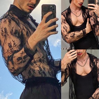 เสื้อเชิ้ตแขนยาว ผ้าตาข่าย สวมใส่สบาย สีดํา แฟชั่นสําหรับผู้ชาย และผู้ใหญ่ ใส่ไปคลับ