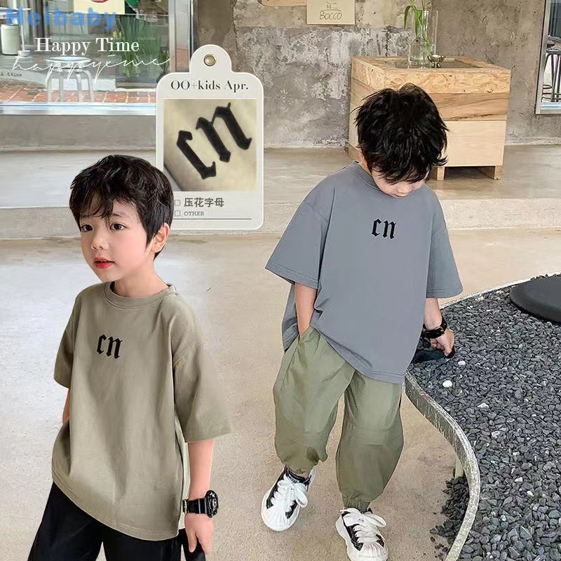 Heibabyเสื้อยืดแขนสั้นลําลอง ผ้าฝ้าย ทรงหลวม พิมพ์ลาย สไตล์เกาหลี สําหรับเด็กผู้ชาย อายุ 3-12 ปี