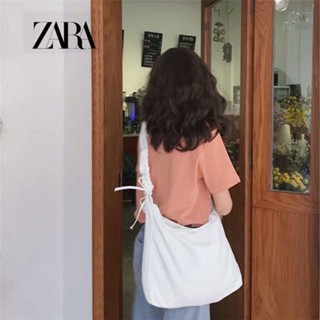 Zara มาใหม่ กระเป๋าสะพายไหล่ ผ้าแคนวาส แบบผูกเชือก หนา ความจุขนาดใหญ่ สีพื้น