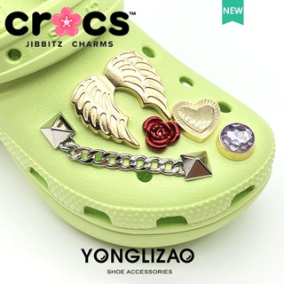 Jibbitz crocs หัวเข็มขัดโลหะ รูปปีกดอกกุหลาบ สีทอง คุณภาพสูง สําหรับตกแต่งรองเท้า DIY