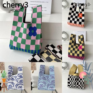 Cherry3 กระเป๋าถือลําลอง ผ้าถัก ทรงโท้ท แฮนด์เมด ลายหมี