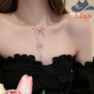 Bliss สร้อยคอโซ่ จี้ผีเสื้อ ประดับมุก พลอยเทียม อัลลอย สไตล์เกาหลีวินเทจ เครื่องประดับ สําหรับผู้หญิง