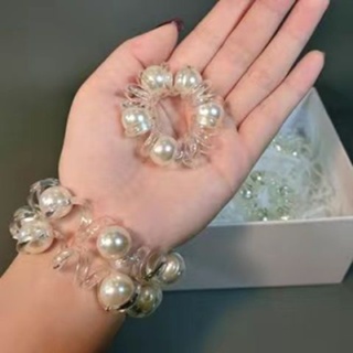 Japan and South Koreas new retro style simple nail pearl transparent telephone line hair ring high elastic hair rope bracelet