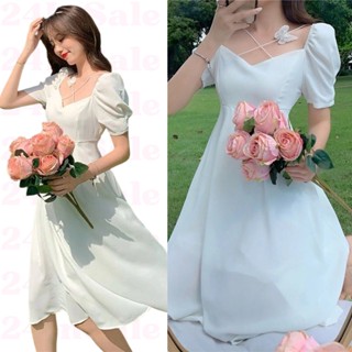 โปรดีๆ🔖ลด 80% ชุดเดรสสีขาวล้วน แขนสั้นตุ๊กตา อกแต่งสายคาดติดผีเสื้อ ชายบานเล็กน้อย