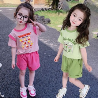 ชุดกีฬา พิมพ์ลาย สีตัดกัน สไตล์เกาหลี สีพื้น แฟชั่นฤดูร้อน สําหรับเด็กผู้หญิง