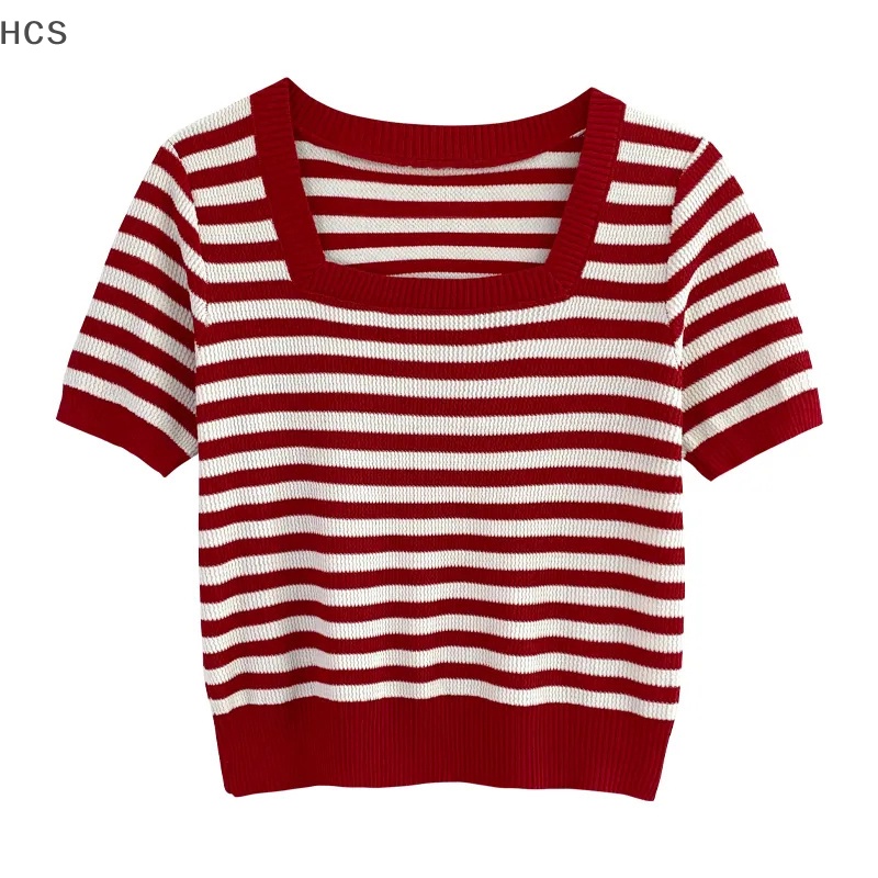 Hcs เสื้อครอปท็อป แขนสั้น ผ้าถัก คอสี่เหลี่ยม ลายทาง สไตล์วินเทจ ฤดูร้อน สําหรับผู้หญิง HC