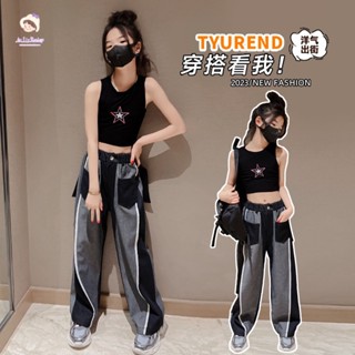พร้อมส่ง ชุดเสื้อแขนกุด คอกลม และกางเกงยีน ทรงหลวม พิมพ์ลายดาว ระบายอากาศได้ดี แฟชั่นฤดูร้อน สไตล์เกาหลี และฮิปฮอป สําหรับเด็กผู้หญิง