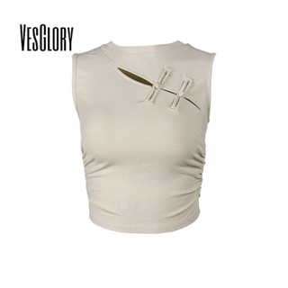 Vesglory เสื้อกล้าม คอกลม แต่งหัวเข็มขัด สีพื้น แฟชั่นเรโทร สําหรับผู้หญิง 2023