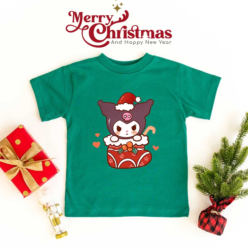 เสื้อยืดแขนสั้น พิมพ์ลายคริสต์มาส Kuromi สีเขียว สําหรับเด็กผู้หญิง