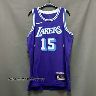 【คุณภาพสูง】ใหม่ ของแท้ NBA 2021-22 Los Angeles Lakers สําหรับผู้ชาย #15 เสื้อกีฬาแขนสั้น ลายทีมชาติออสติน Swingman สีม่วง