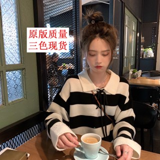 Zhenzhenjia เสื้อกันหนาว คอปกโปโล ทรงหลวม ลายทาง แฟชั่นฤดูใบไม้ร่วง สําหรับผู้หญิง JFYQ