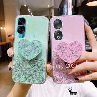 พร้อมส่ง ใหม่ เคสโทรศัพท์มือถือนิ่ม ปิดด้านหลัง ปิดด้านหลัง ประดับเลื่อม รูปหัวใจ พร้อมขาตั้ง สําหรับ Honor90 70 90 Lite 5G 2023 90 Lite