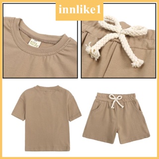 Innlike1 ชุดเสื้อยืดแขนสั้น คอกลม และกางเกงขาสั้น แฟชั่นฤดูร้อน สําหรับเด็กผู้ชาย และเด็กผู้หญิง 2in1