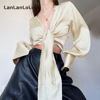 Lanlanlolo เสื้อท็อปแขนยาวลําลอง คอวี ผ้าซาติน เอวสูง เข้ารูป สีพื้น แฟชั่นสําหรับสตรี 2023