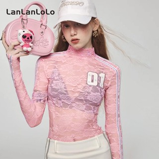 Lanlanlolo เสื้อท็อปแขนยาวลําลอง คอกลม ผ้าตาข่าย แต่งลูกไม้ สีพื้น แฟชั่นสําหรับสตรี 2023