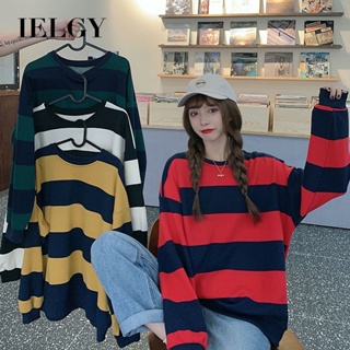 Ielgy เสื้อกันหนาว คอกลม แขนยาว ลายทาง วินเทจ เกาหลี ฤดูใบไม้ร่วง ใหม่ หลวม Midi เสื้อแขนยาว