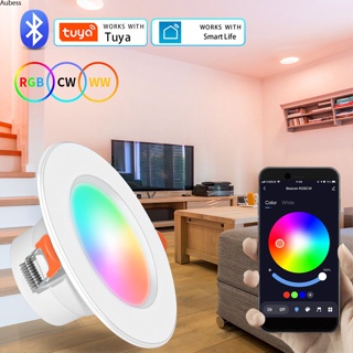 Tuya โคมไฟเพดานดาวน์ไลท์ LED 10w สปอตไลท์ฝังฝ้า Bluetooth App ควบคุม Ir Remote RGB สีขาวหรี่แสงได้สำหรับทางเดินทางเดิน 110v 220v Aube