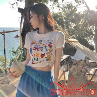 Topone- เสื้อยืดครอป คอกลม แขนสั้น พิมพ์ลายการ์ตูน น่ารัก ลําลอง สําหรับผู้หญิง