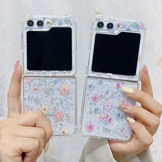 เคสโทรศัพท์มือถือ พลาสติกแข็ง ใส กันกระแทก ลายดอกไม้แห้ง แต่งกลิตเตอร์ ระยิบระยับ หรูหรา สําหรับ Samsung Galaxy Z Flip 5 Flip5 5G