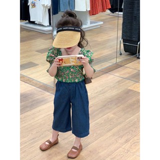 Korean childrens wear girls spring suit 2023 floral square collar shirt denim wide-leg pants baby Summer two-piece suit GBSE