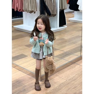 Korean-style childrens clothing 2023 girls Autumn New knitted long-sleeved cardigan base shirt printed flower skirt pants three-piece set QZBE