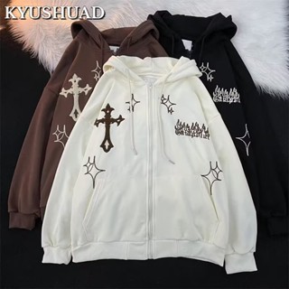 KYUSHUAD เสื้อสเวตเตอร์มีฮู้ด American cross แจ็กเก็ตคาร์ดิแกนแนวฮิปฮอปแนวใหม่