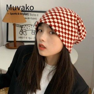 Muvako หมวกถัก ลายสก๊อต สีแดง/สีดํา สไตล์ฮิปฮอป