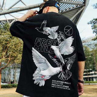 M-8XL Harajuku style peace dove print round neck short-sleeved T-shirt men and women trend Korean personality hip-h_02