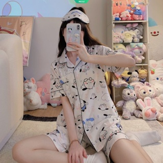 ใหม่ ชุดนอนเสื้อแขนสั้น กางเกงขาสั้น ลายการ์ตูน Sanrio น่ารัก เรียบง่าย สไตล์ญี่ปุ่น เหมาะกับฤดูร้อน สําหรับผู้หญิง 2023 2 ชุด