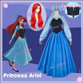 Ariel ชุดคอสเพลย์เจ้าหญิงดิสนีย์ ชุดเดรสเจ้าหญิง สีฟ้า และวิกผม สําหรับเด็กผู้หญิง