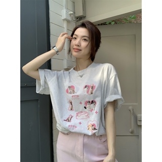 100% cotton cute kitten print short-sleeved T-shirt womens summer new American-style T-shirt loose half-sleeved top