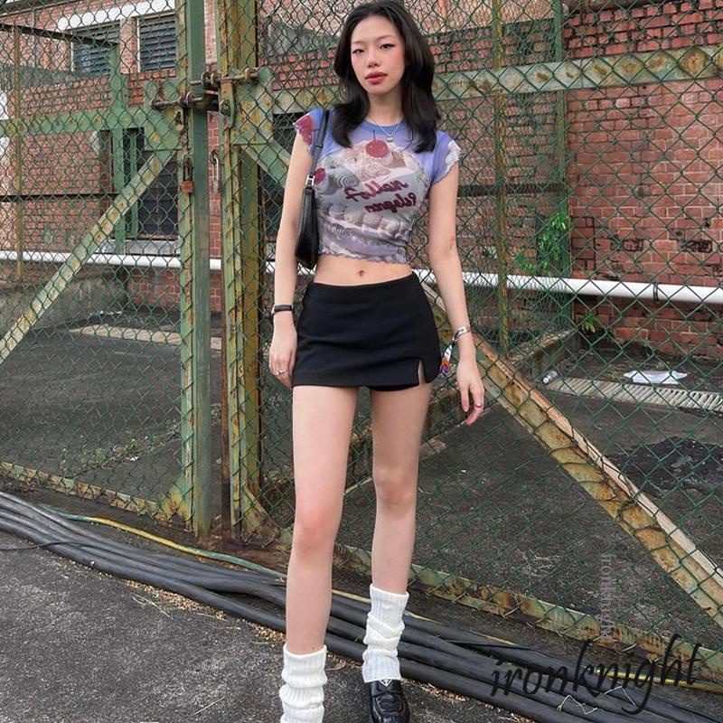 Ironknight- เสื้อยืดตาข่าย พิมพ์ลายตัวอักษร แฟชั่นฤดูร้อน สําหรับผู้หญิง