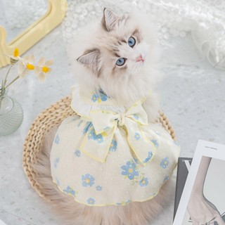ชุดเดรสเจ้าหญิง คอปก ลายดอกไม้น่ารัก สีฟ้า สําหรับสัตว์เลี้ยง สุนัข แมว