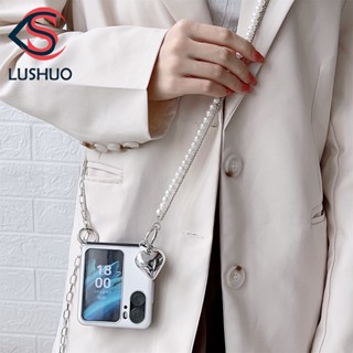 Lushuo เคสโทรศัพท์มือถือหนัง แบบฝาพับ ปิดด้านหลัง ลายหัวใจ ลูกสุนัข พร้อมสายสะพาย และจี้ไข่มุก สีขาว สําหรับ OPPO Find N2 findn2