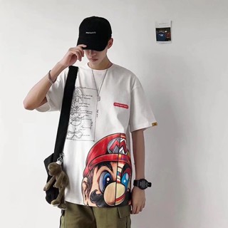 เสื้อยืดแขนสั้น คอกลม พิมพ์ลาย Mario ทรงหลวม เข้ากับทุกการแต่งกาย สไตล์เกาหลี สําหรับผู้ชาย และนักเรียน