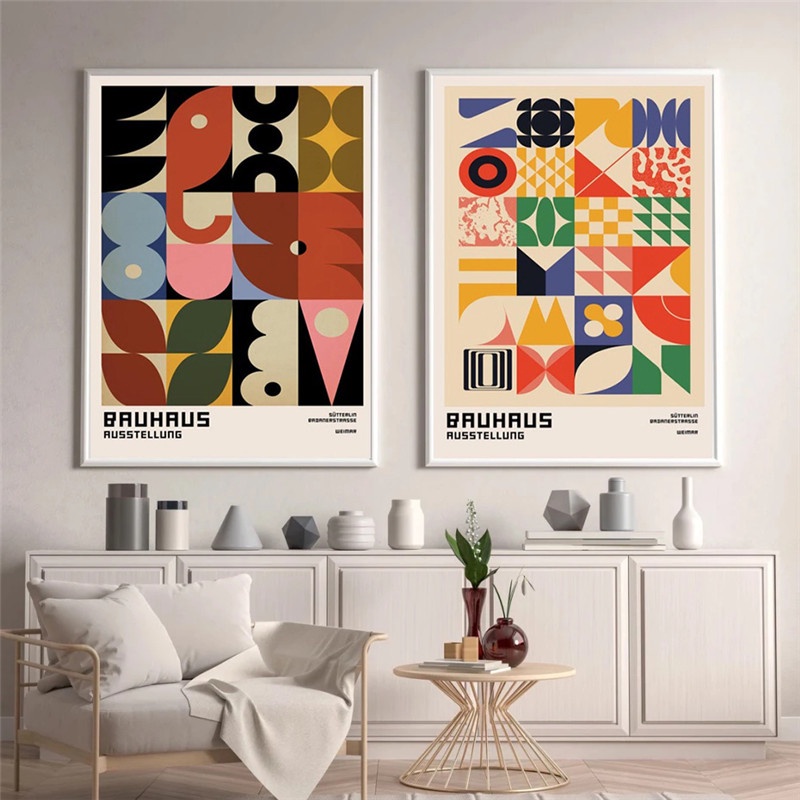 โปสเตอร์ภาพวาดผ้าใบ รูปเรขาคณิต Bauhaus สีสันสดใส สําหรับตกแต่งผนังบ้าน ห้องนั่งเล่น