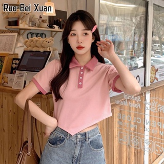 RUO BEI XUAN ฤดูร้อนใหม่สไตล์เกาหลีโปโลคอปกแขนสั้นผู้หญิงเสื้อยืด