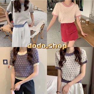 DODO*พร้อมส่ง*เสื้อไหมพรมลายดอกไม้ คอกลมแขนสั้น  สวมใส่สบาย（5962）