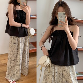 Suxi เสื้อเกาะอก เรียบง่าย สไตล์วินเทจ + กางเกงขากว้าง เอวสูง ลําลอง