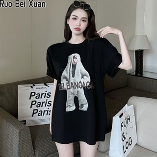 RUO BEI XUAN เสื้อยืดสตรีสไตล์เกาหลีลำลองสบาย ๆ พิมพ์ลายการ์ตูนคอกลมแขนสั้นเสื้อยืดหลวม