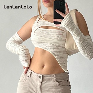 Lanlanlolo เสื้อยืดลําลอง คอกลม เข้ารูป สีพื้น แฟชั่นสําหรับสตรี 2023