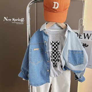 2023 Boys Spring และ Autumn Fried Street Striped Denim Shirts