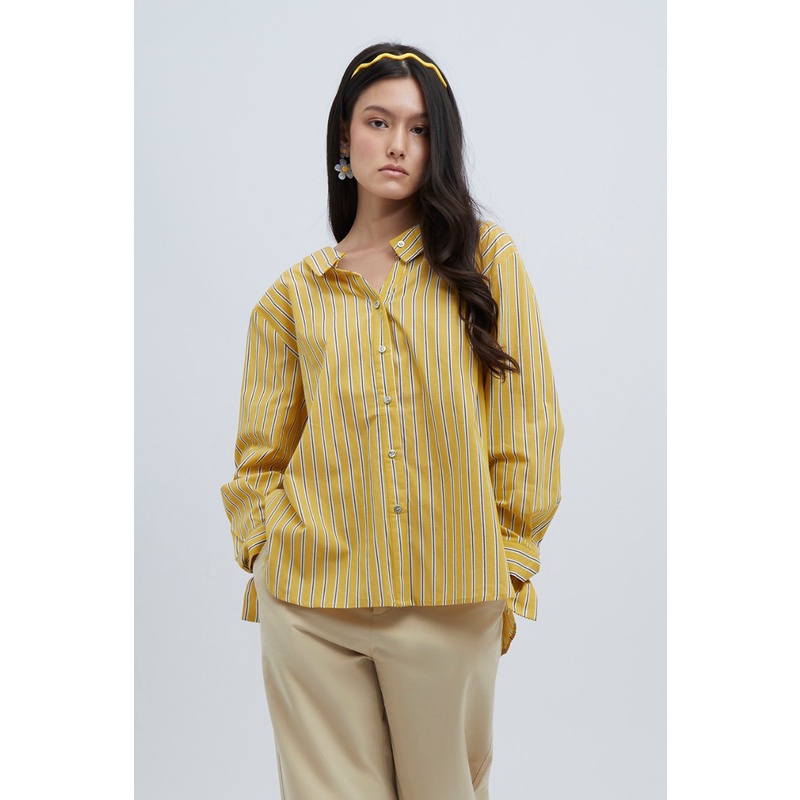 ESP เสื้อเชิ้ตลายทาง ผู้หญิง สีเหลืองเฉดกลาง | Striped Shirt Blouse | 5819