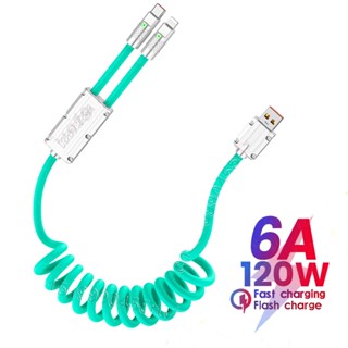 2 in 1 สายชาร์จ USB Type-C 120W 6A แบบสปริง ชาร์จเร็ว สําหรับ iPhone Samsung