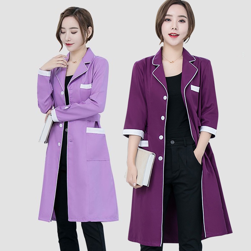 【ฟรีชื่อ】ชุดยูนิฟอร์มแขนยาว สีม่วง คุณภาพสูง เหมาะกับฤดูร้อน สําหรับร้านเสริมสวย ทํางานสปา