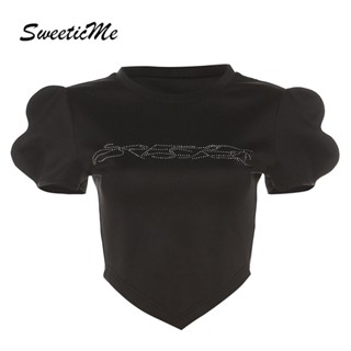 Sweeticme ใหม่ เสื้อยืดลําลอง คอกลม แขนพอง เข้ารูป ประดับเพชร แฟชั่นสําหรับสตรี 2023