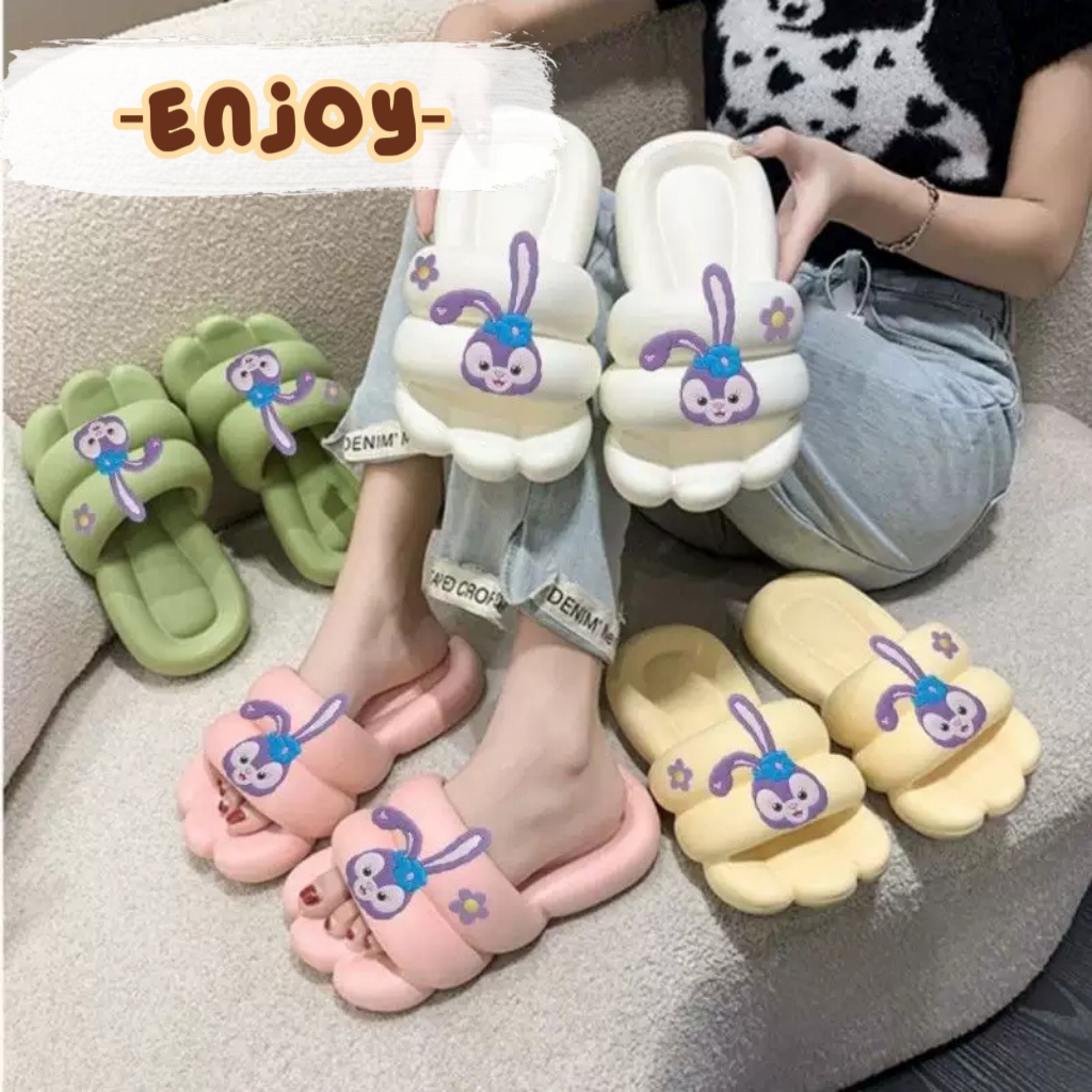EnJoy พร้อมส่ง (LT-DUFFY) รองเท้าแตะสวม พื้นนุ่มนิ่ม หยักตรงหัว ลายกระต่ายหูยาว ดอกไม้