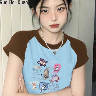 RUO BEI XUAN เสื้อยืดแขนสั้นพิมพ์ลายบล็อคสีใหม่สำหรับผู้หญิง